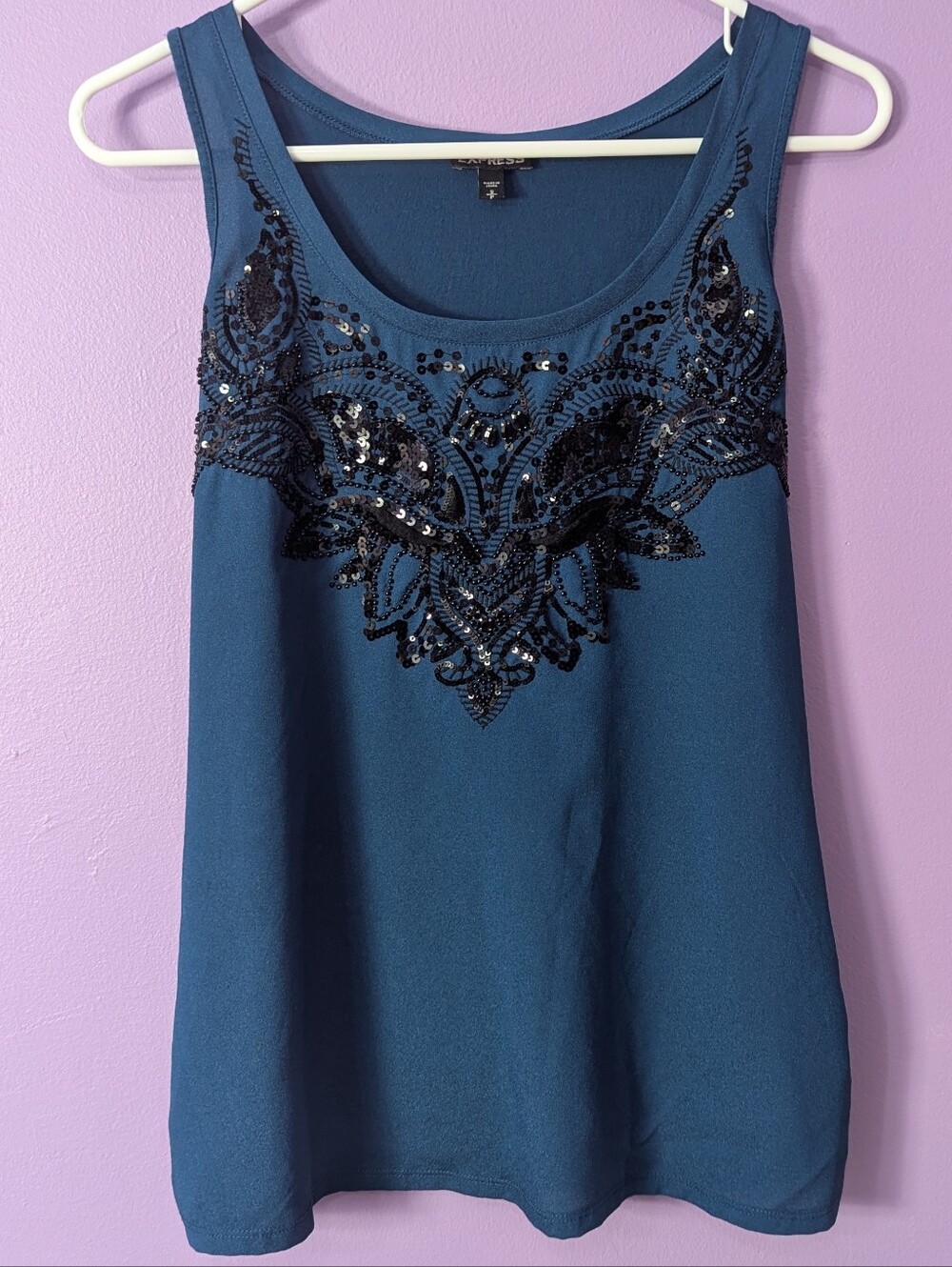 Express Teal Blue Sequin Beaded Embellished Tank Top Small Sleeveless Scoop Neck